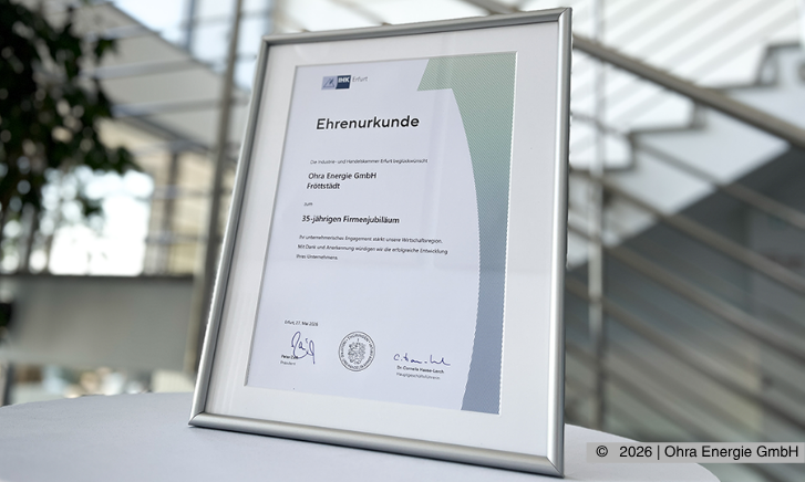 Ehrenurkunde zu 35-jährigem Unternehmensjubiläum Ohra Energie