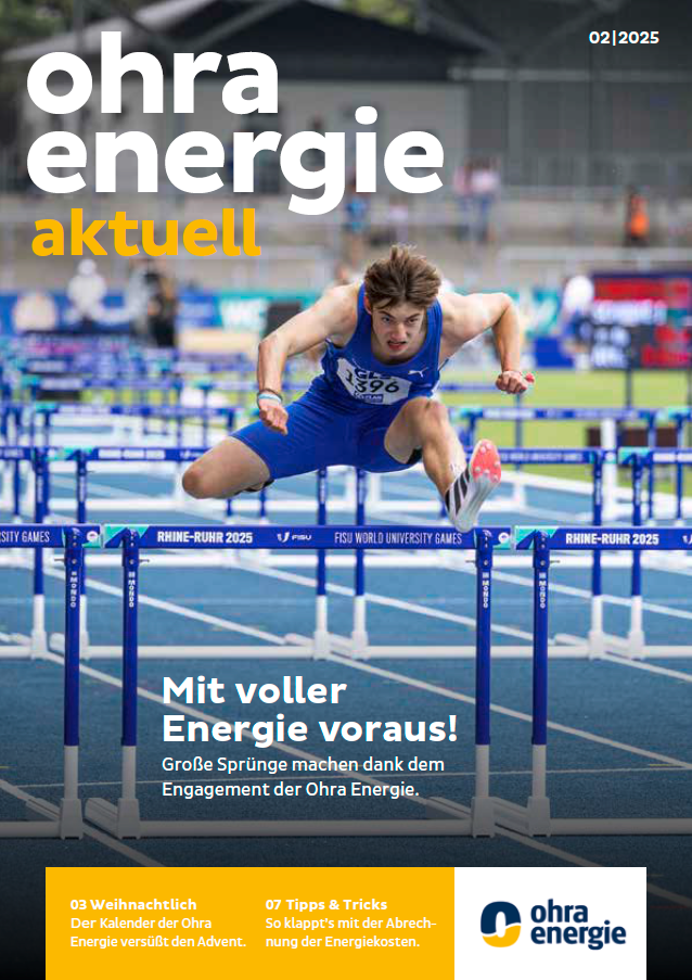 Titelbild des Kundenmagazins Ausgabe 01/2025. 4 Mitarbeiter der Ohra Energie im neuen Kundencenter