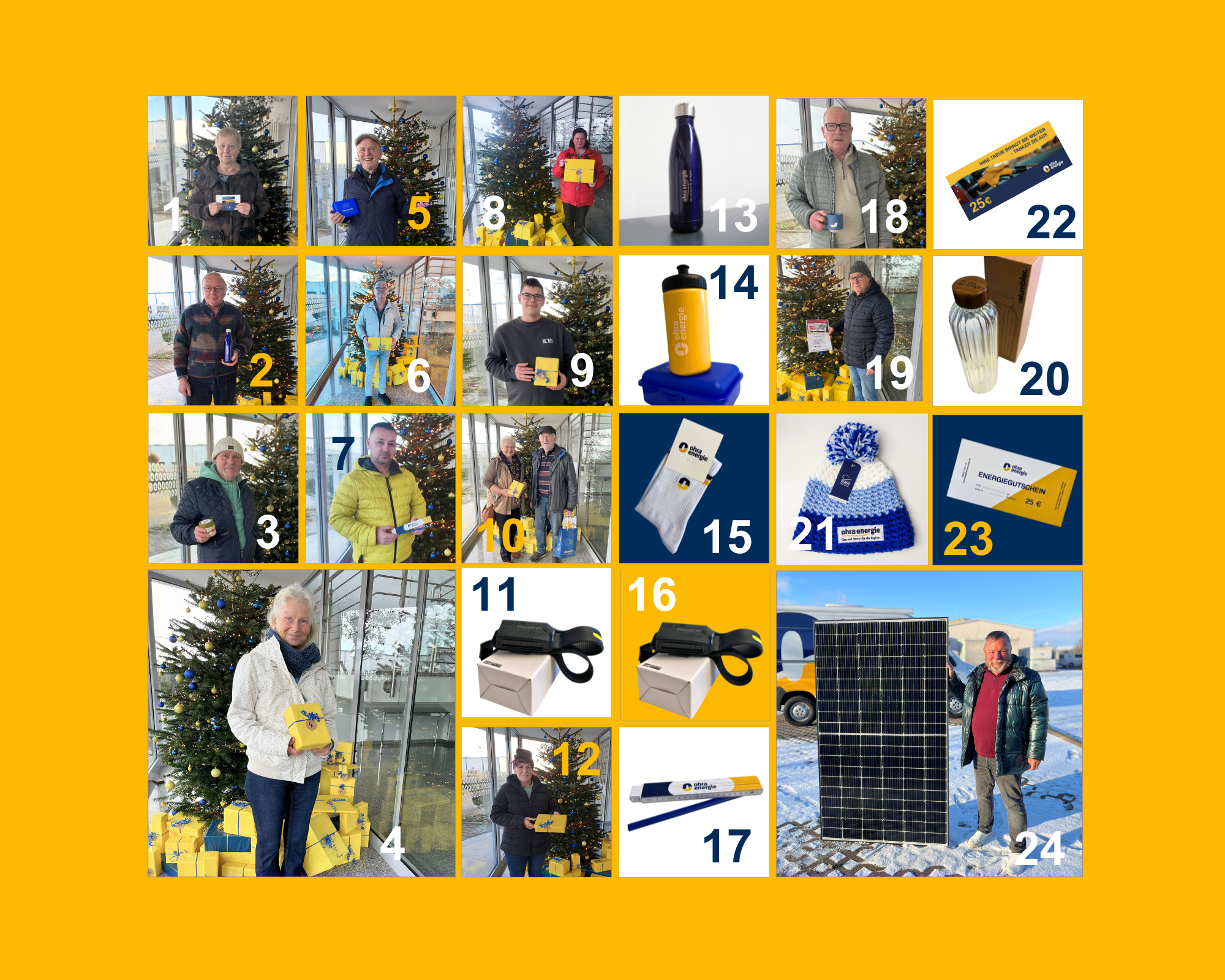 Auf dem Bild sind die 24 glücklichen Gewinner des Adventskalenders 2024 zu sehen. Strahlende Gesichter zeigen die Freude über die gewonnenen Präsente, die in der Vorweihnachtszeit für viel Begeisterung sorgten.